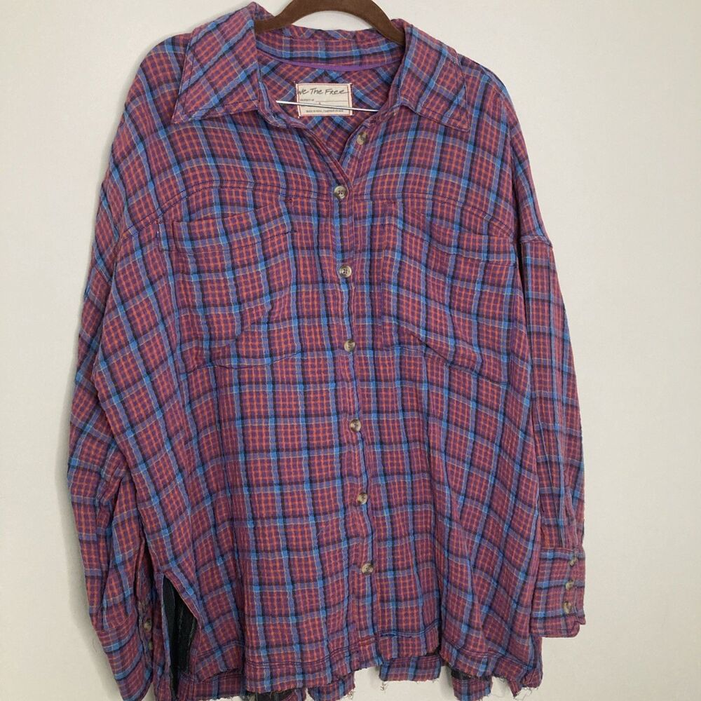 New Free People Oversized Bohemian Grunge Cardiff Plaid Swing Top Shirt Small